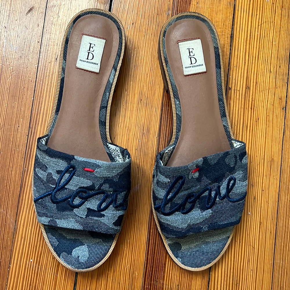 Ellen Degeneres Blue Denim Camo slides.